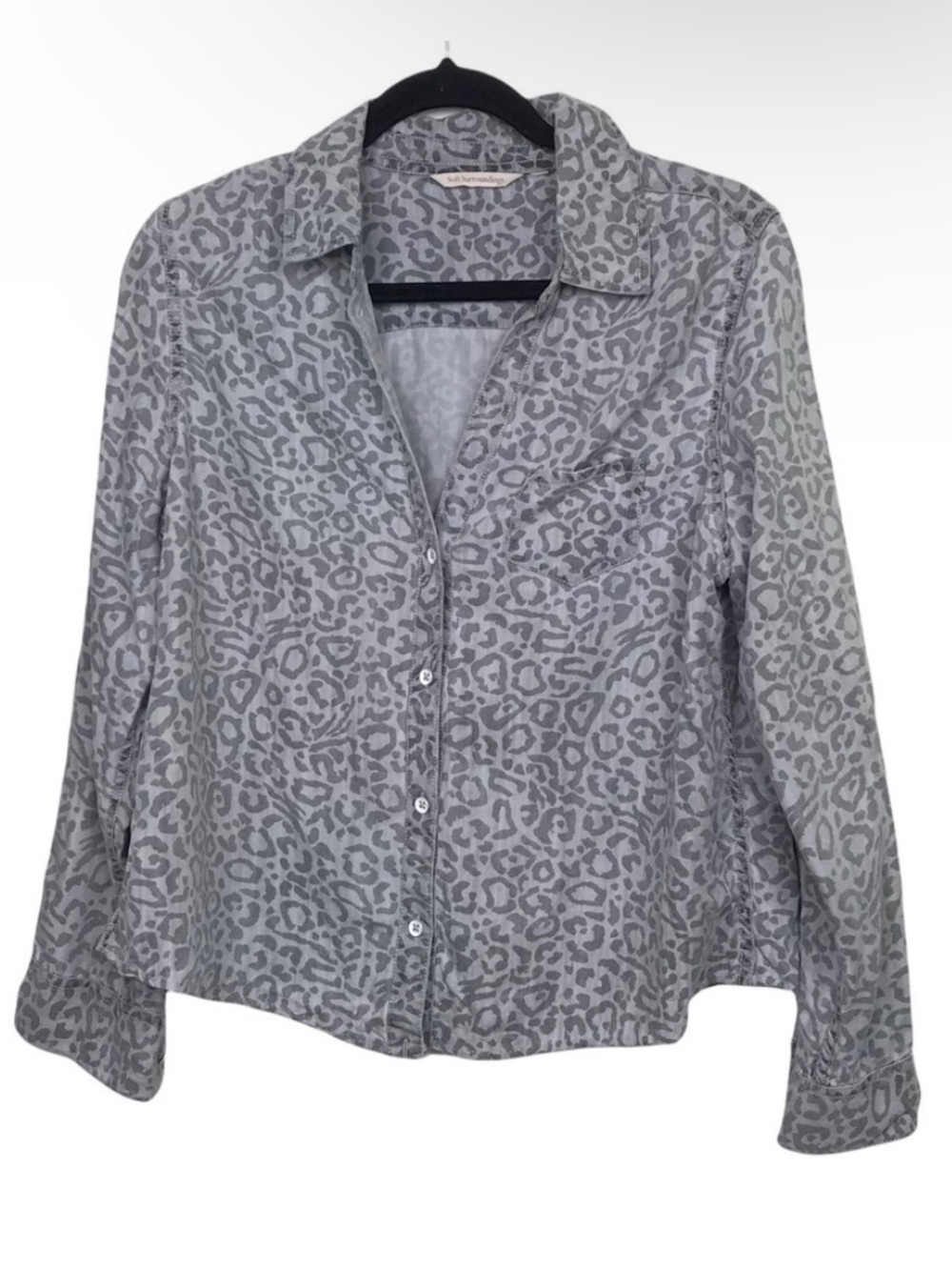 Soft Surroundings Gray Leopard Button Front V Neck Shirt